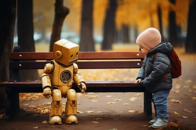 Small Child Interacting With A Friendly Robot In Park