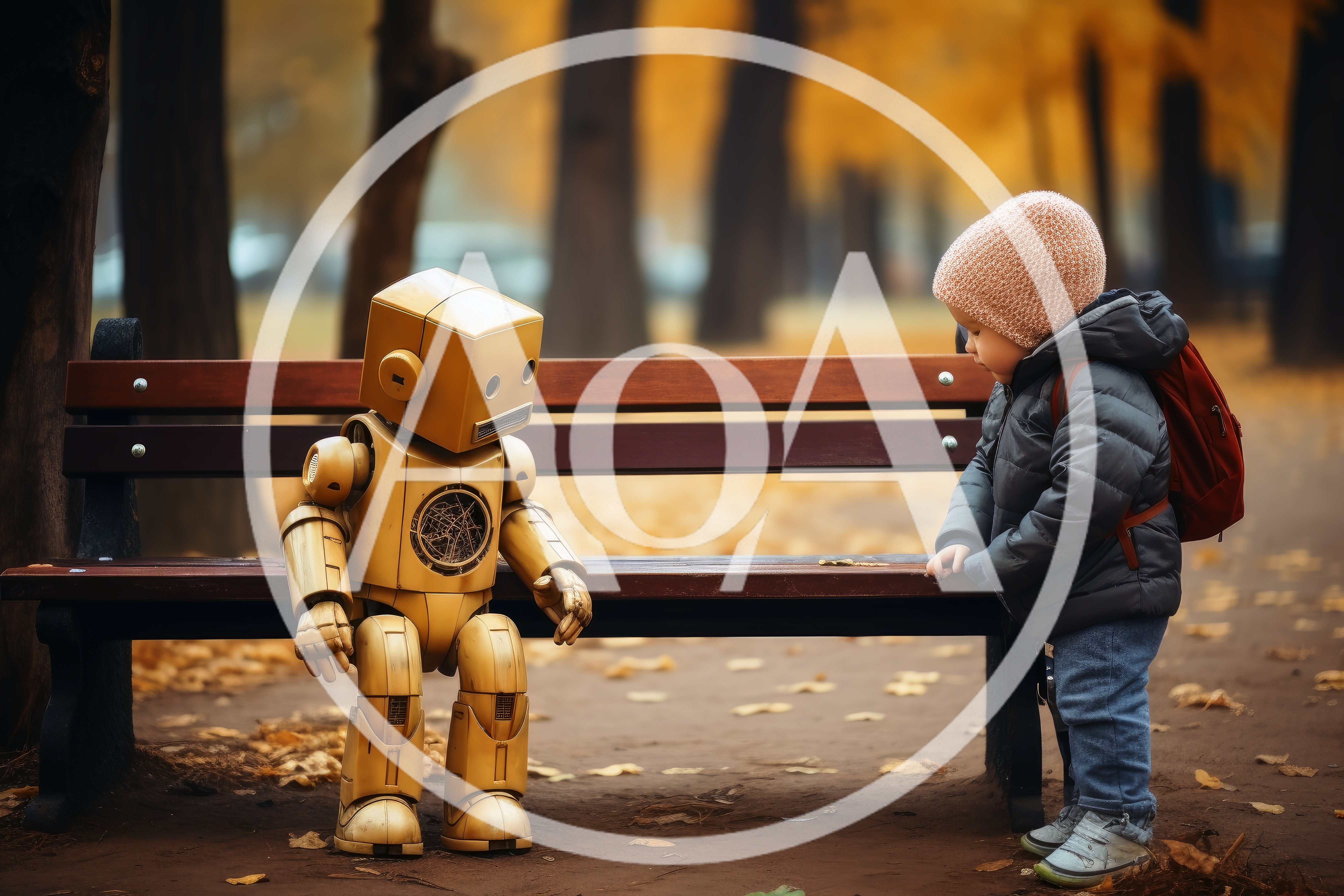 Small Child Interacting With A Friendly Robot In Park
