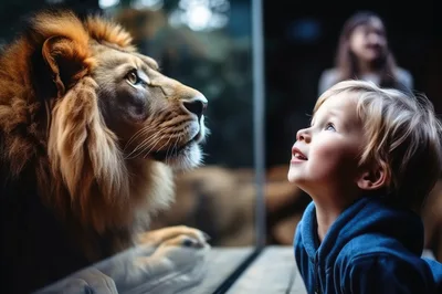 Young Child Looking At A Lion Through Glass