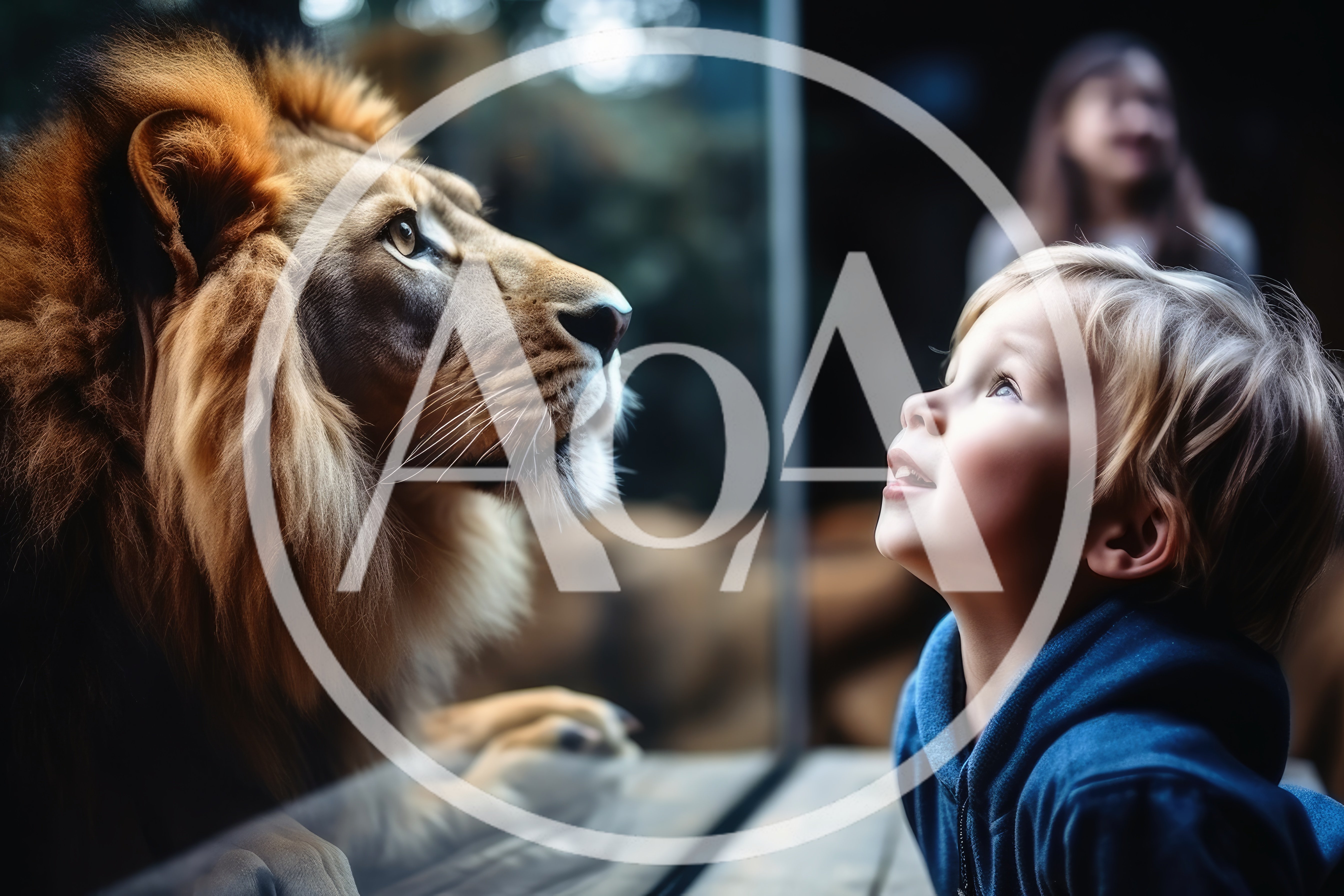 Young Child Looking At A Lion Through Glass