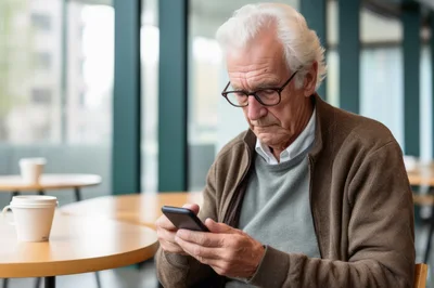 Senior Man Using Smartphone in Modern Cafe