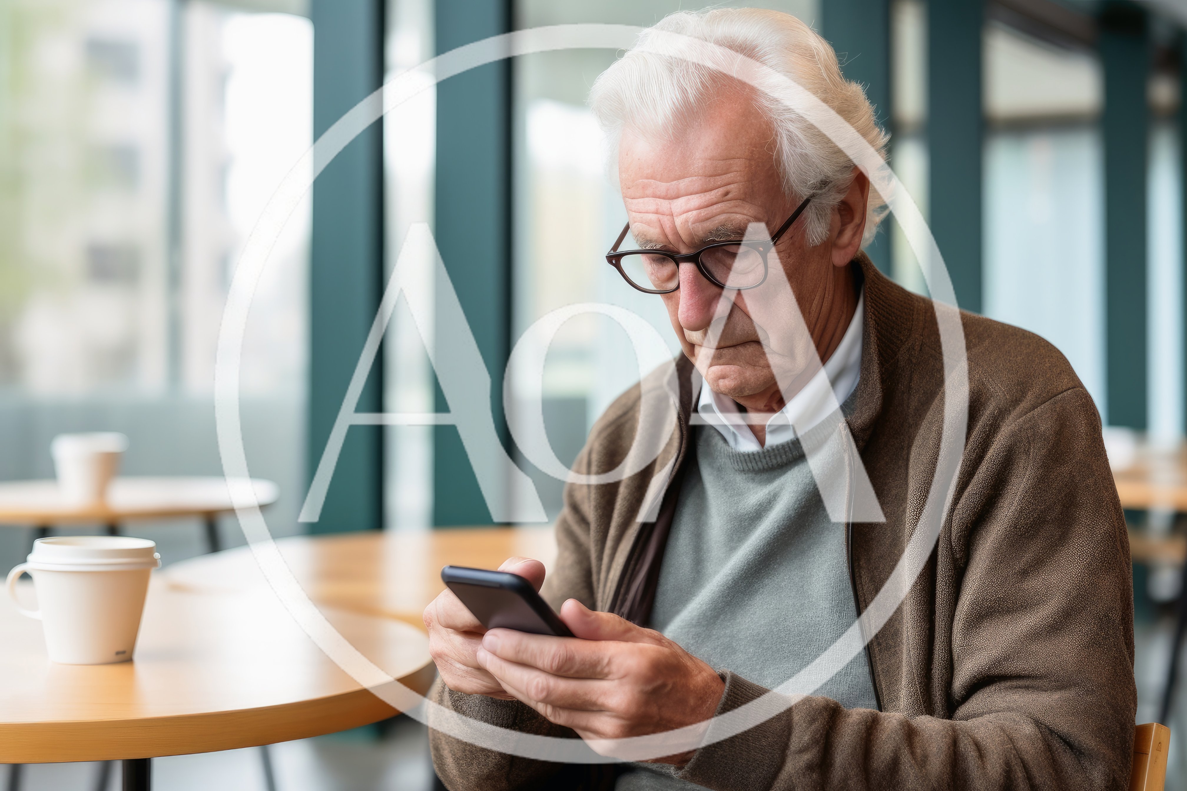 Senior Man Using Smartphone in Modern Cafe