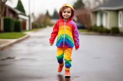Toddler Walking Down A Suburban Street In Rainbow Outfit
