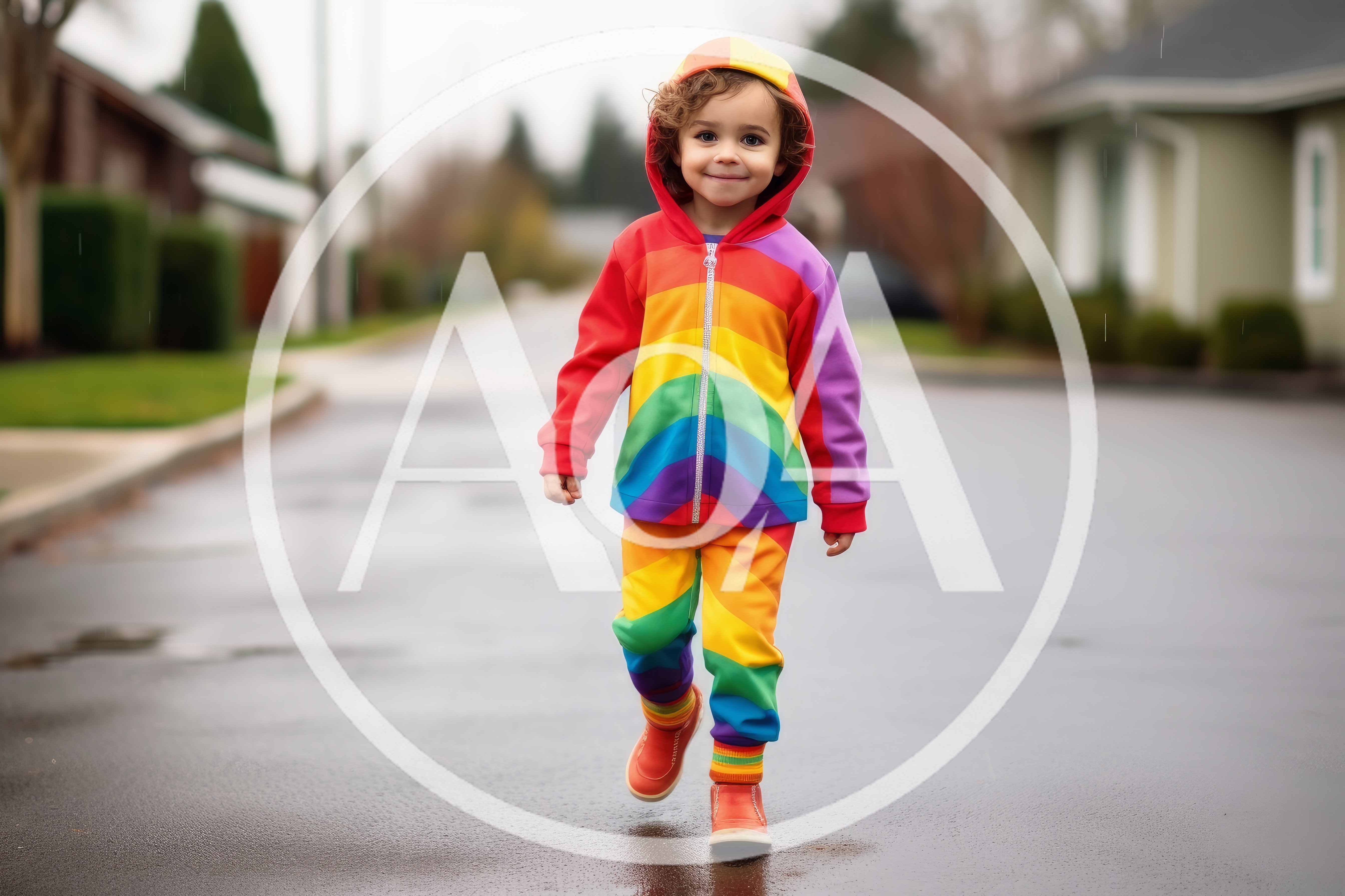 Toddler Walking Down A Suburban Street In Rainbow Outfit
