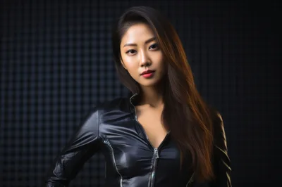 Portrait Of A Young Asian Woman In Leather Jacket