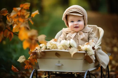 Adorable Baby Sitting In A Vintage Carriage