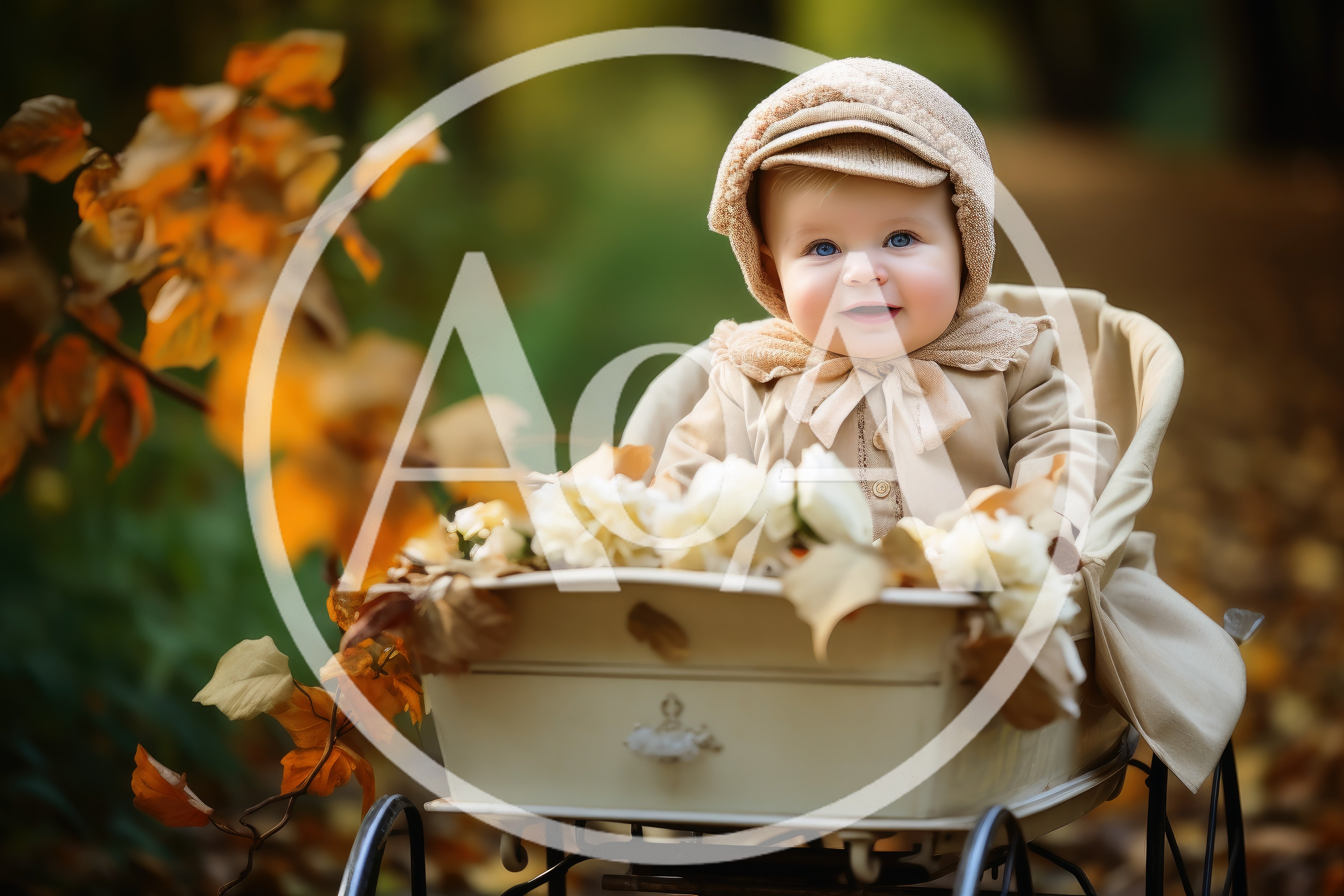 Adorable Baby Sitting In A Vintage Carriage