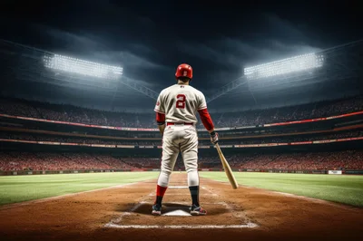 Baseball Player Standing At Home Plate In Stadium