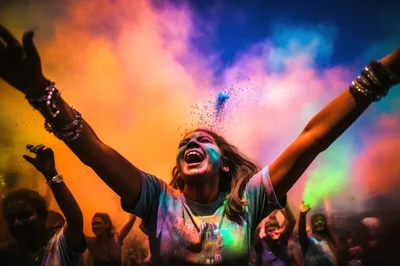 Young Woman Celebrating Holi Festival With Colorful Powder