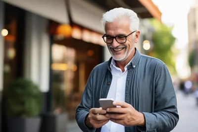 Happy Senior Man Using Smartphone Outdoors