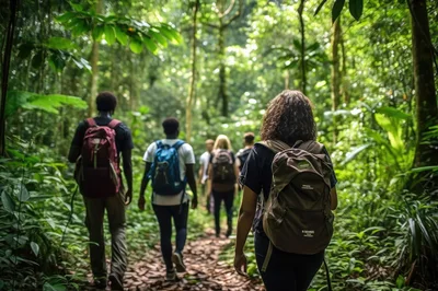 Group Of Hikers Trekking Through A Lush Tropical Rainforest