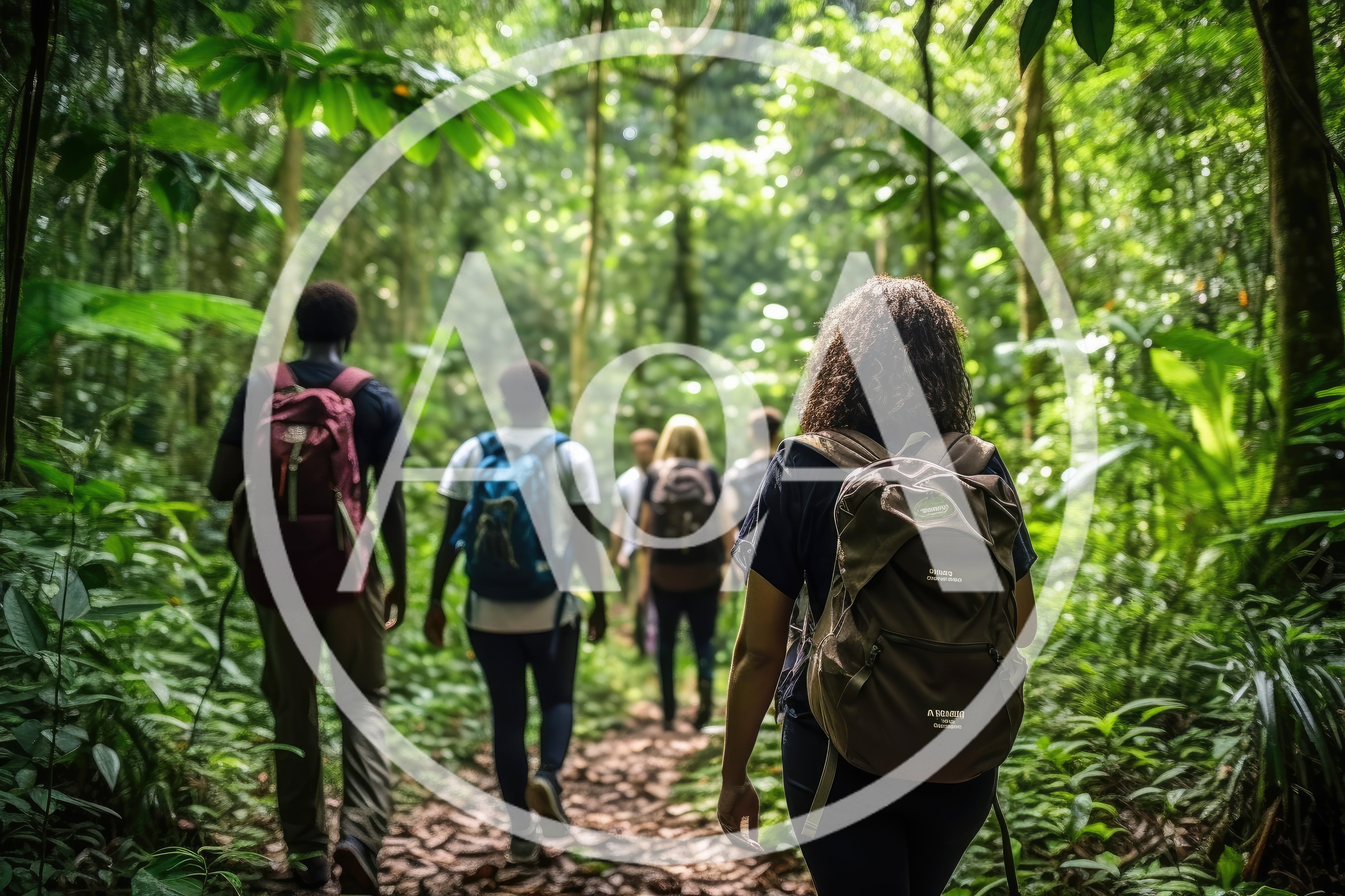 Group Of Hikers Trekking Through A Lush Tropical Rainforest