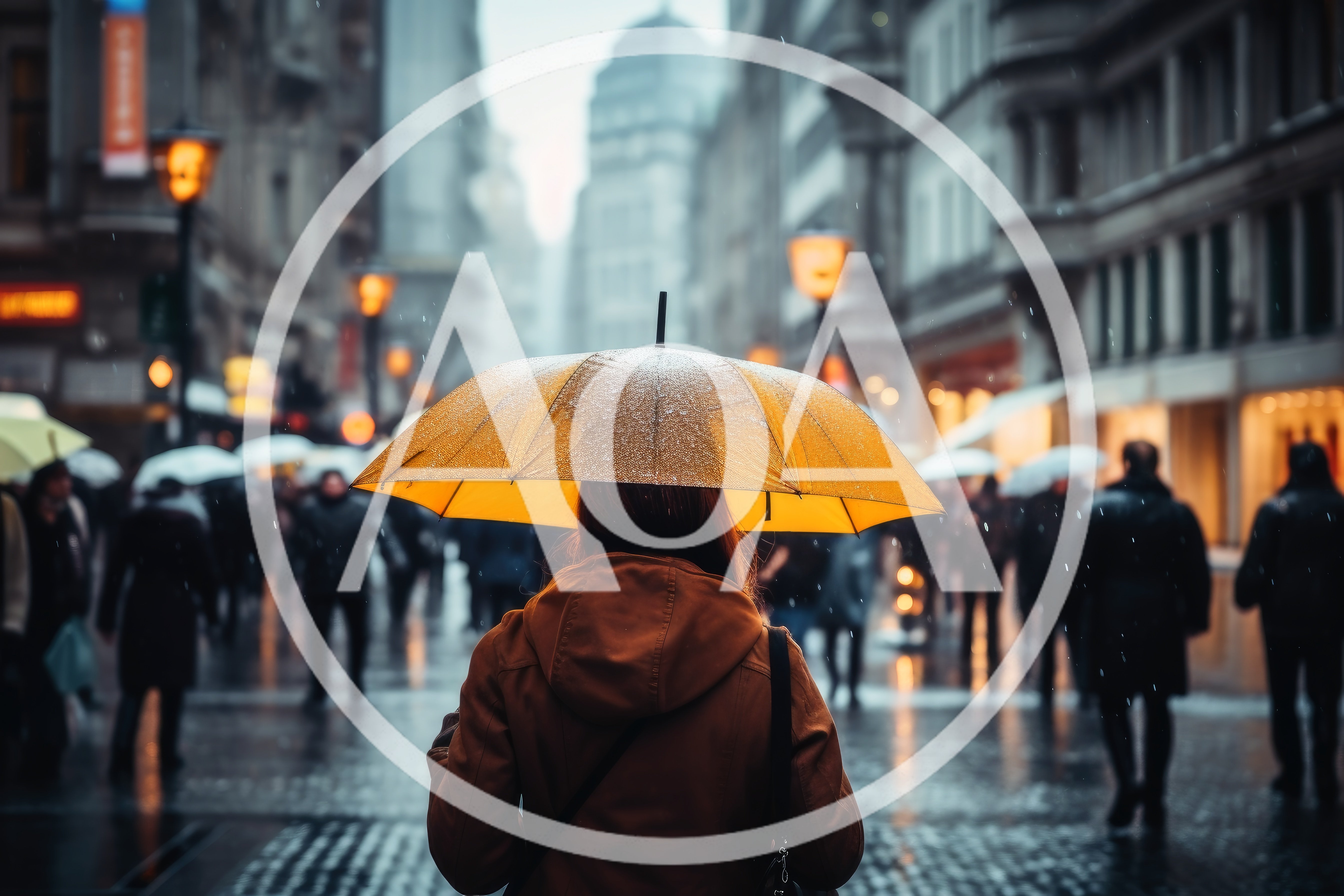 Person Walking Through Rainy City Street With Yellow Umbrella