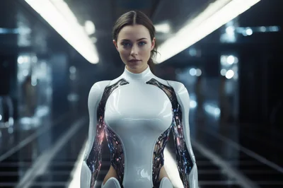 Futuristic Female Android Standing In A Sleek Corridor
