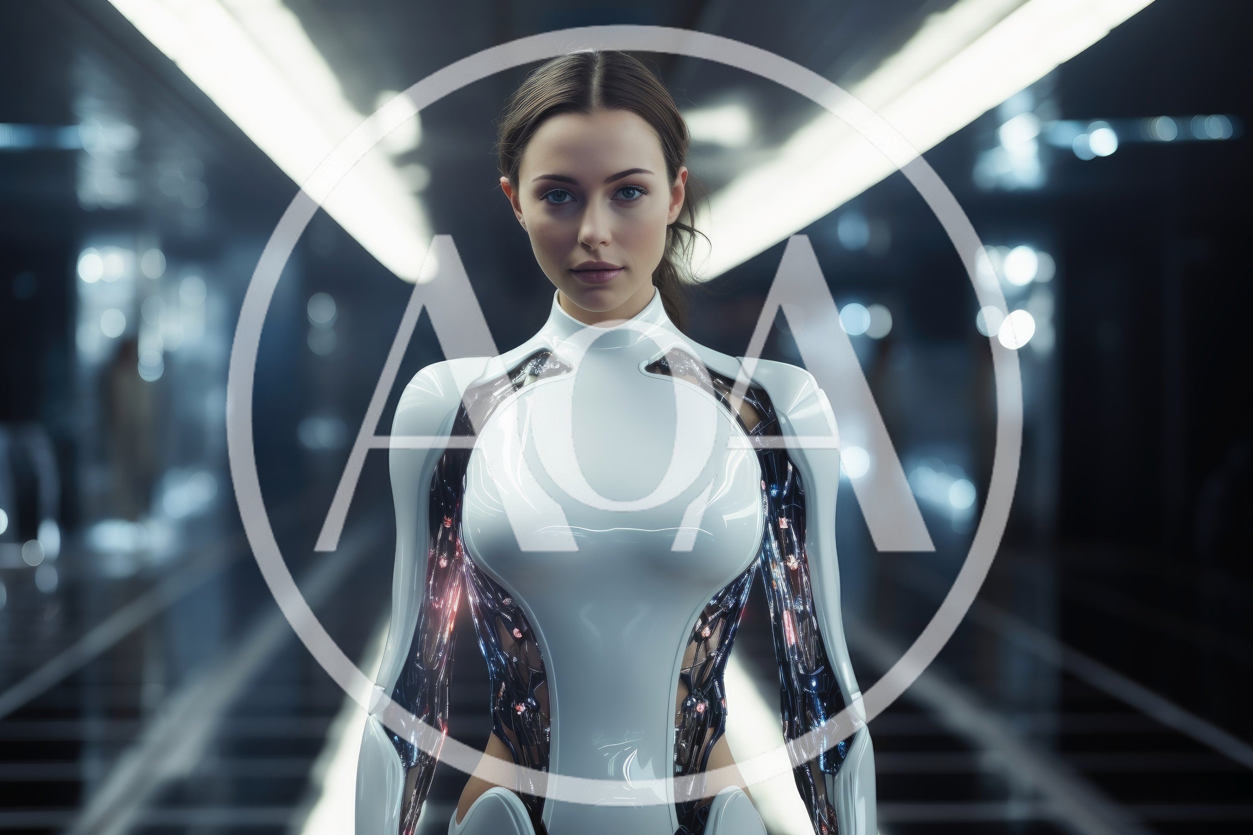 Futuristic Female Android Standing In A Sleek Corridor