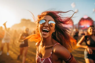 Young Woman Dancing Joyfully at Outdoor Music Festival