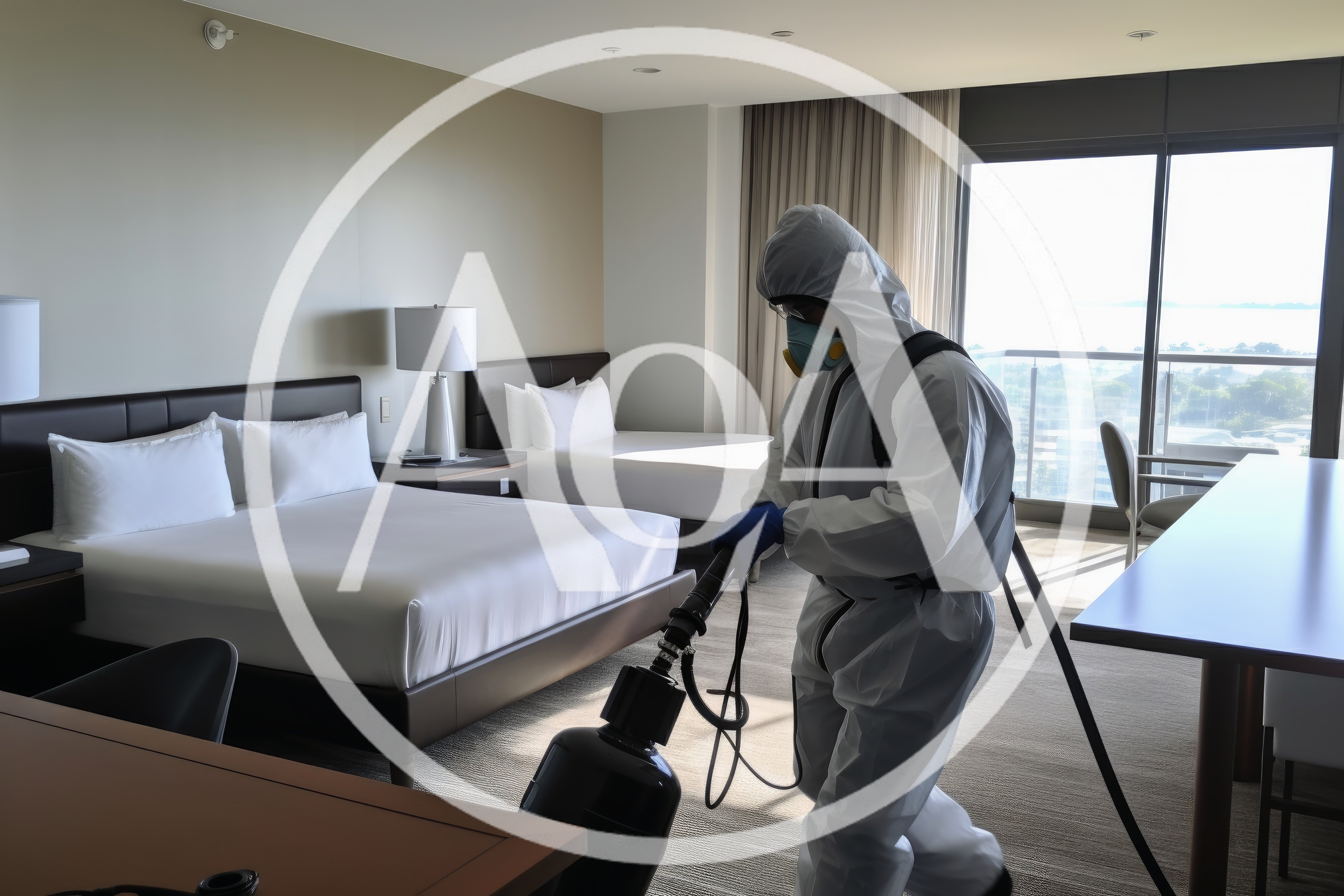 Professional Cleaner Sanitizing Hotel Room in Hazmat Suit