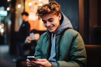 Young Man Smiling While Using Smartphone Outdoors