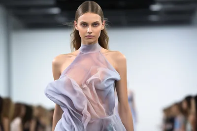 Fashion Model Walking On A Runway In Sheer Dress