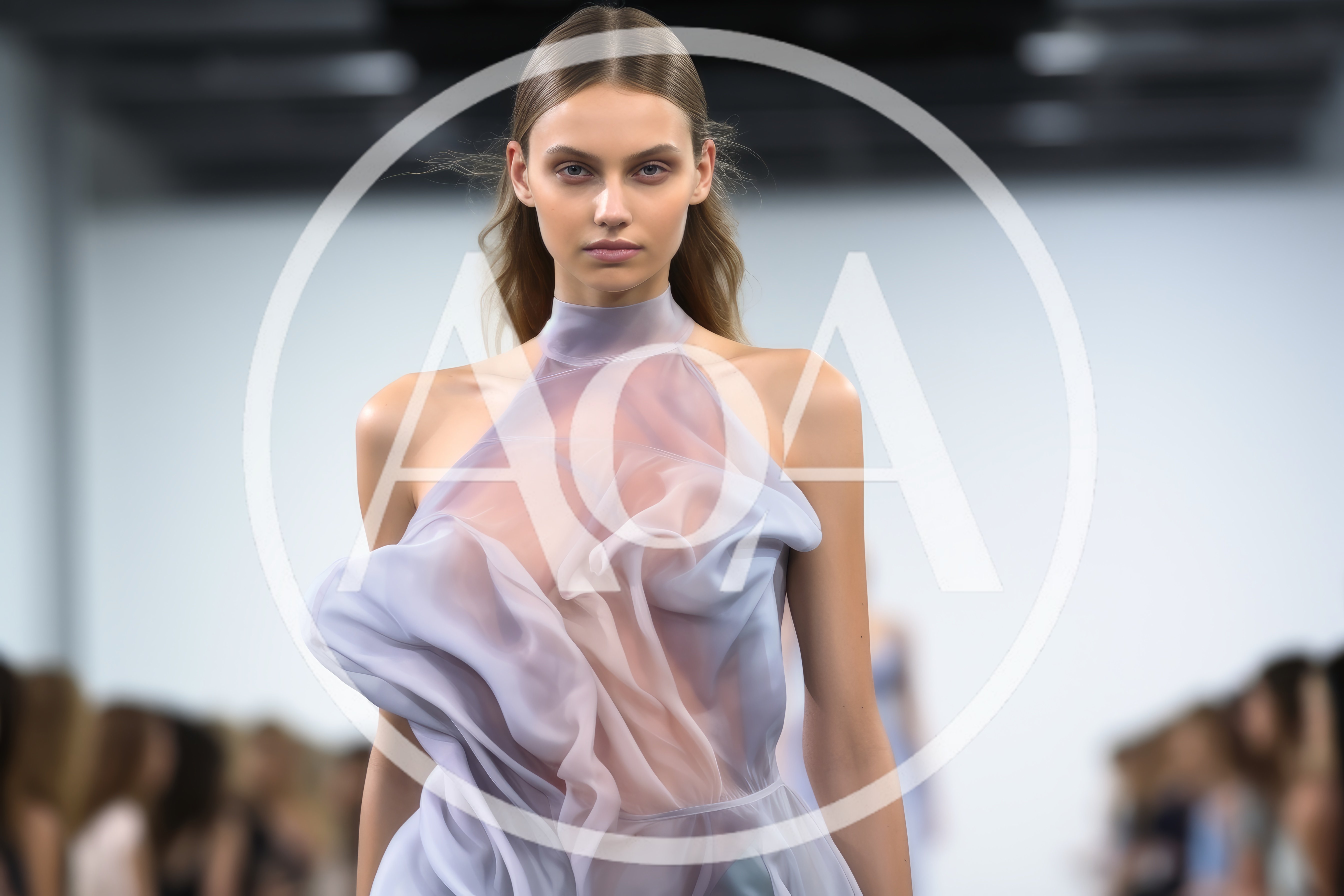 Fashion Model Walking On A Runway In Sheer Dress