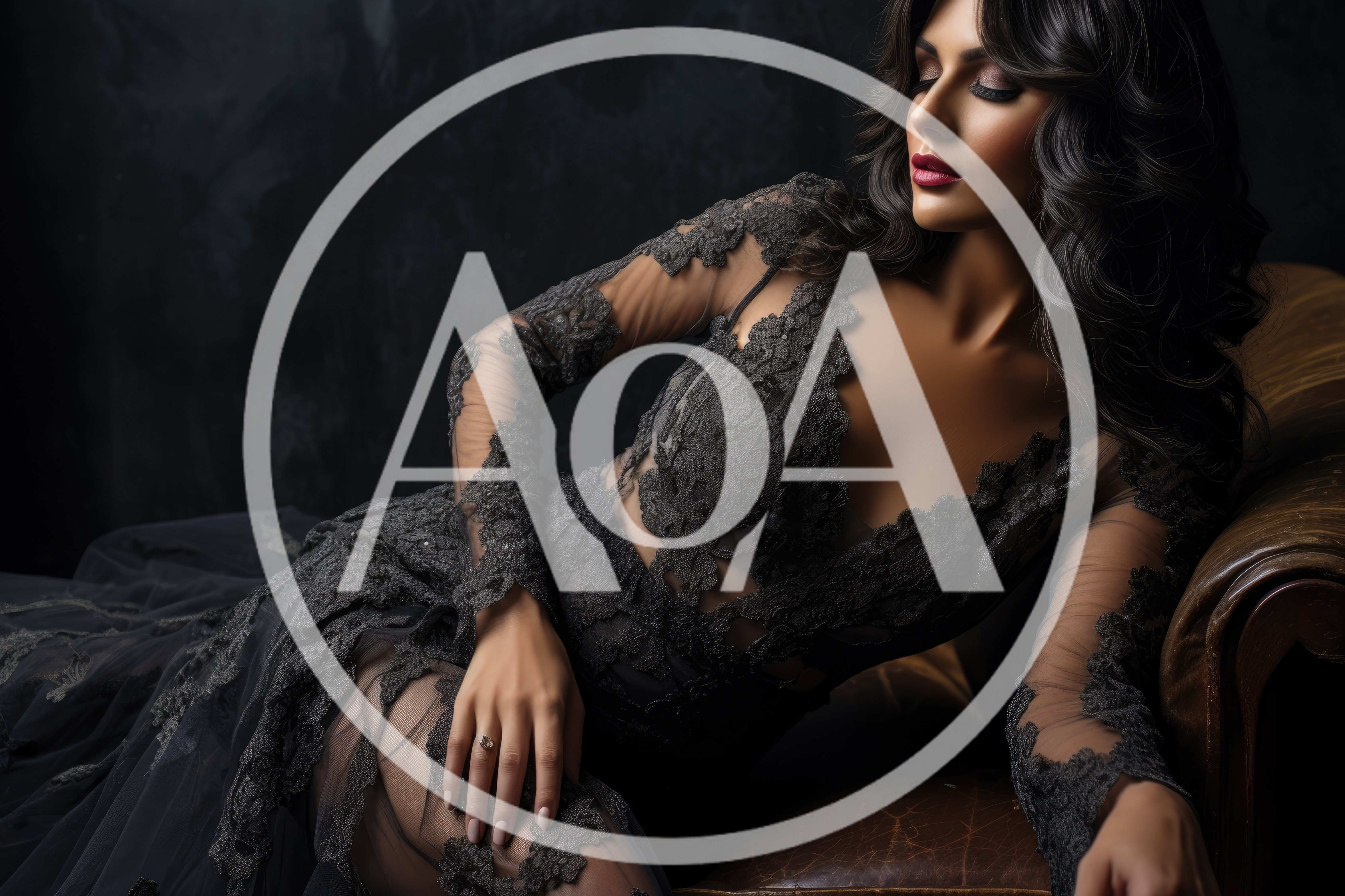 Elegant Woman In Black Lace Gown Reclining On Sofa