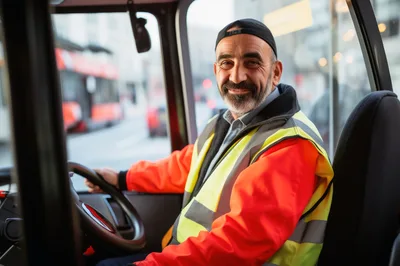 Middle Aged Bus Driver Sitting In Driver Seat