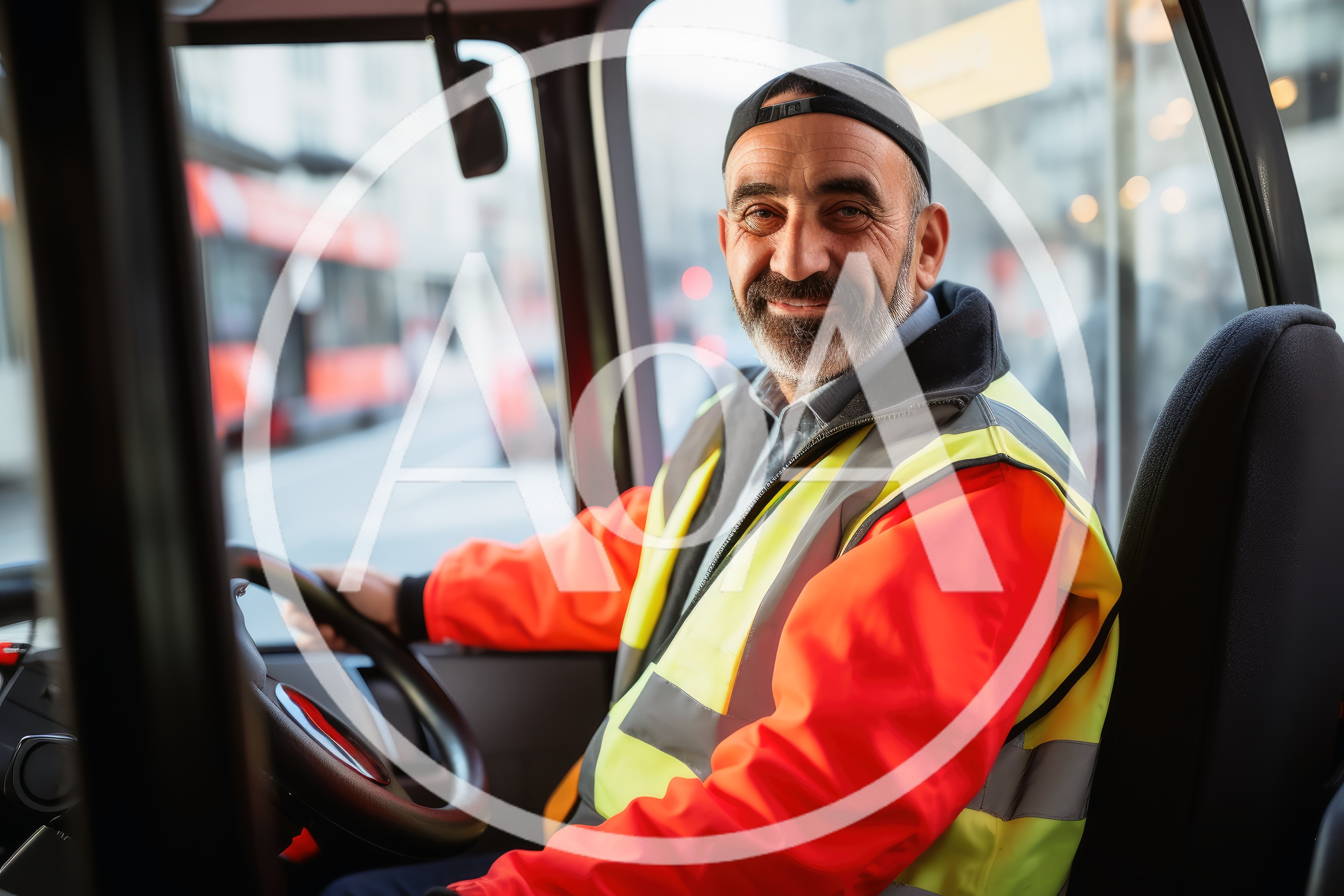 Middle Aged Bus Driver Sitting In Driver Seat