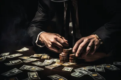 Man In Suit Stacking Poker Chips With Cash