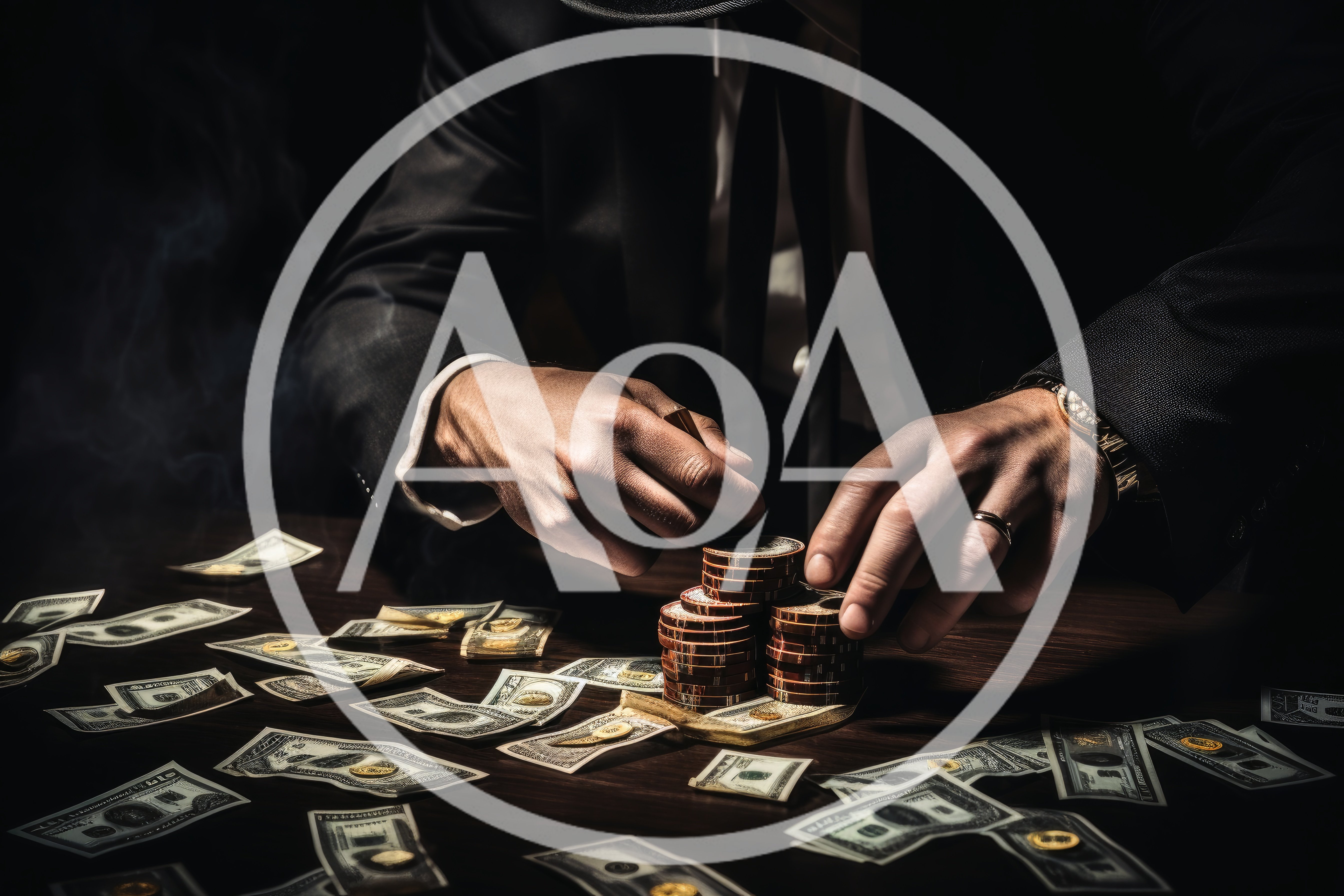 Man In Suit Stacking Poker Chips With Cash
