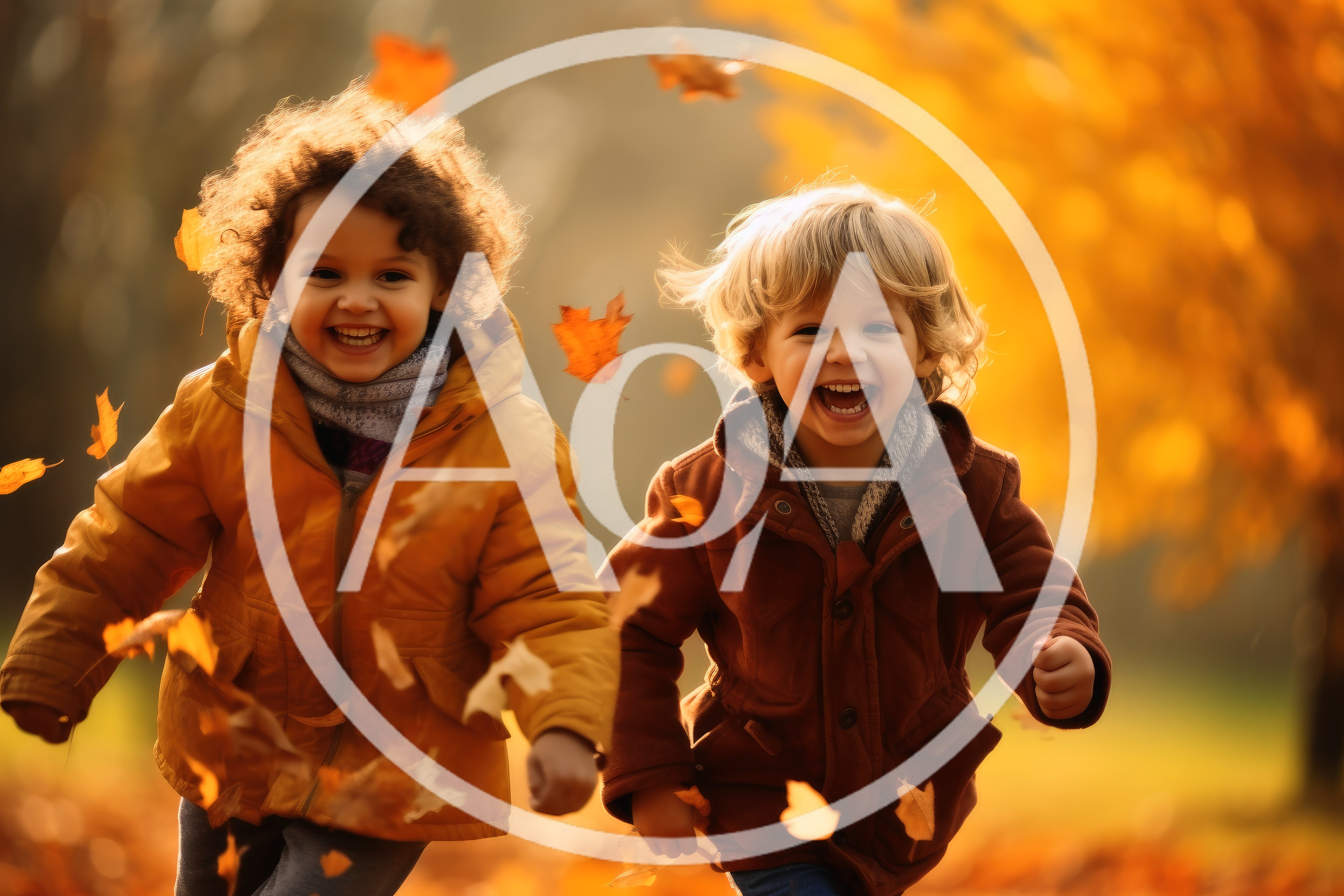 Two Happy Children Running Through Autumn Leaves