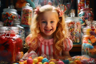 Happy Little Girl Surrounded By Colorful Candy Jars