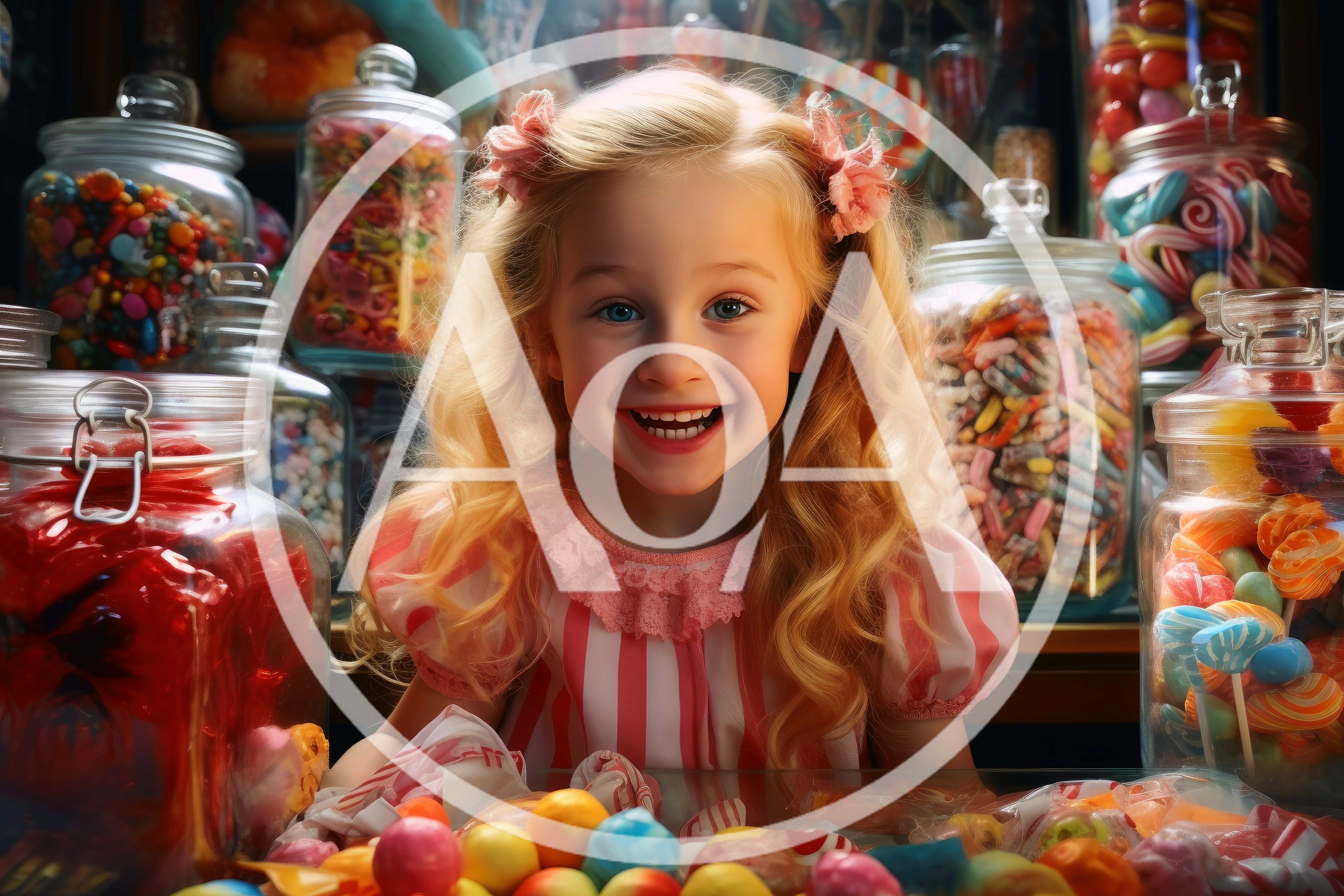 Happy Little Girl Surrounded By Colorful Candy Jars