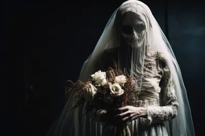 Ghostly Bride Holding A Bouquet Of Dead Roses