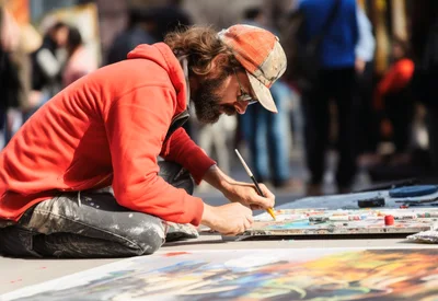 Street Artist Painting On Canvas In Public Square