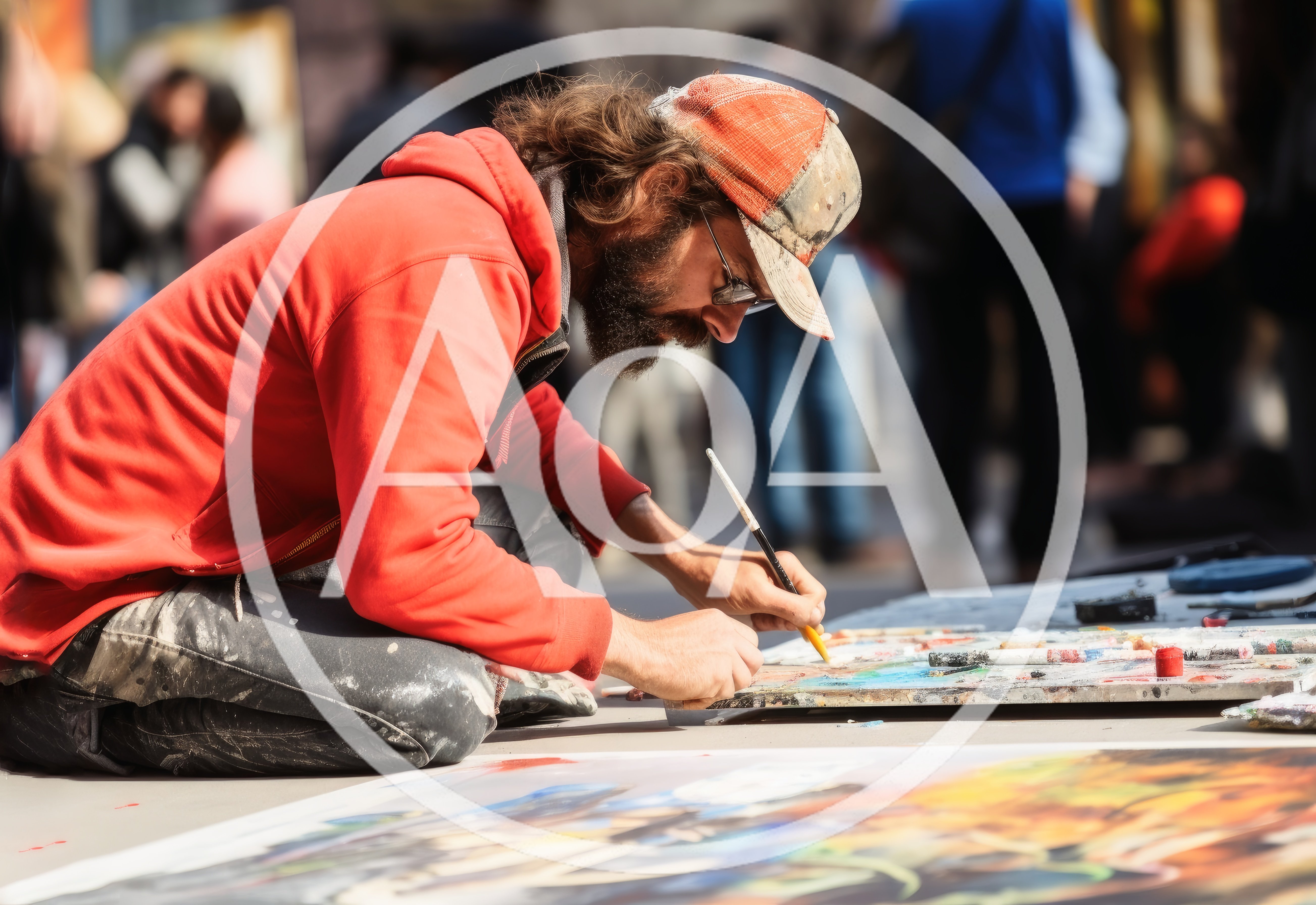 Street Artist Painting On Canvas In Public Square