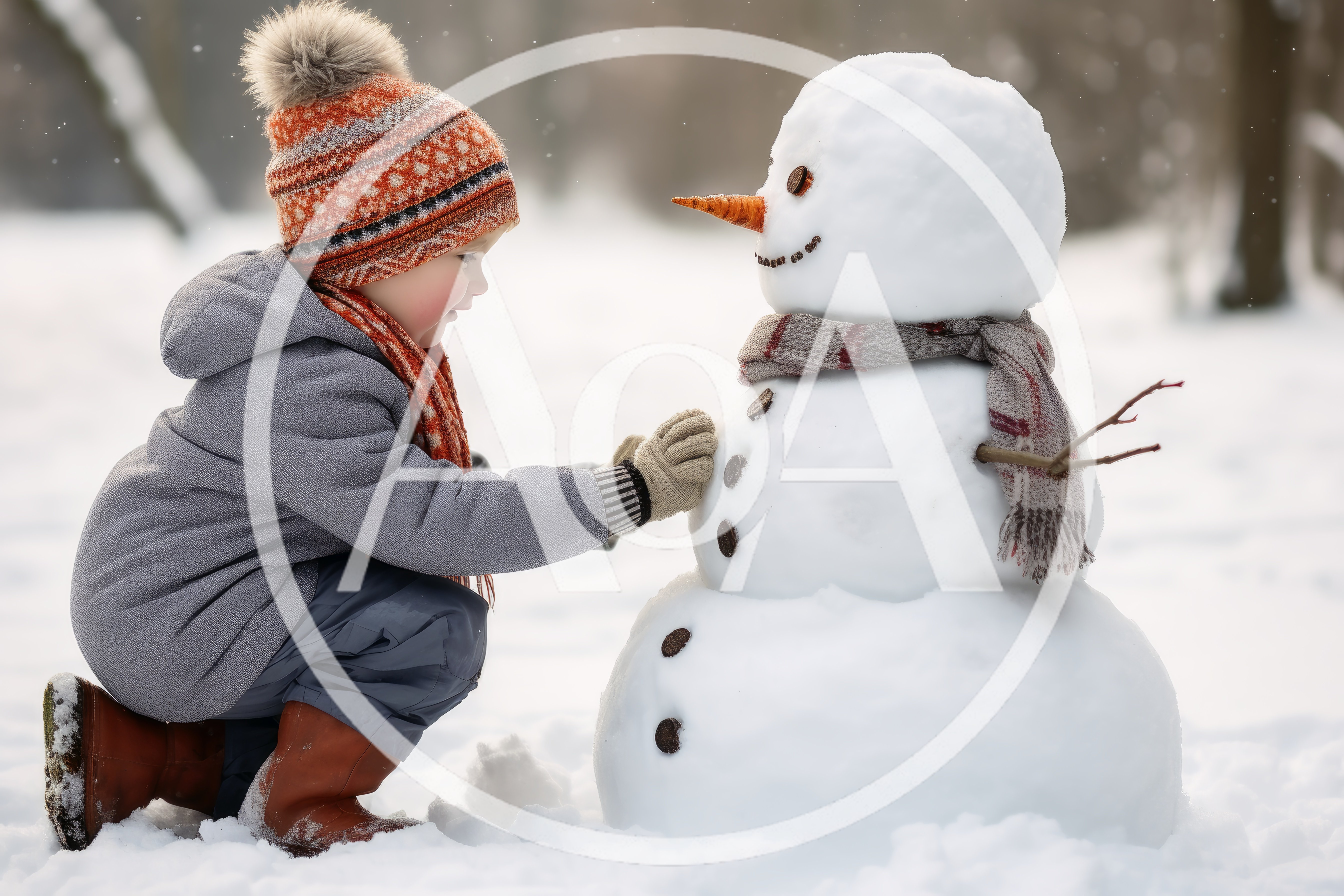 Young Child Building A Snowman In A Snowy Park