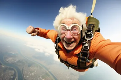 Elderly Woman Skydiving With Joyful Expression