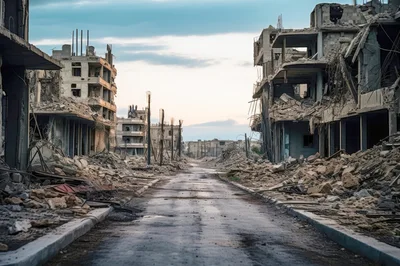 Devastated City Street After War Conflict