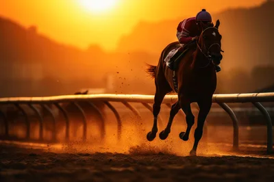 Thoroughbred Racehorse Galloping On Dirt Track At Sunset