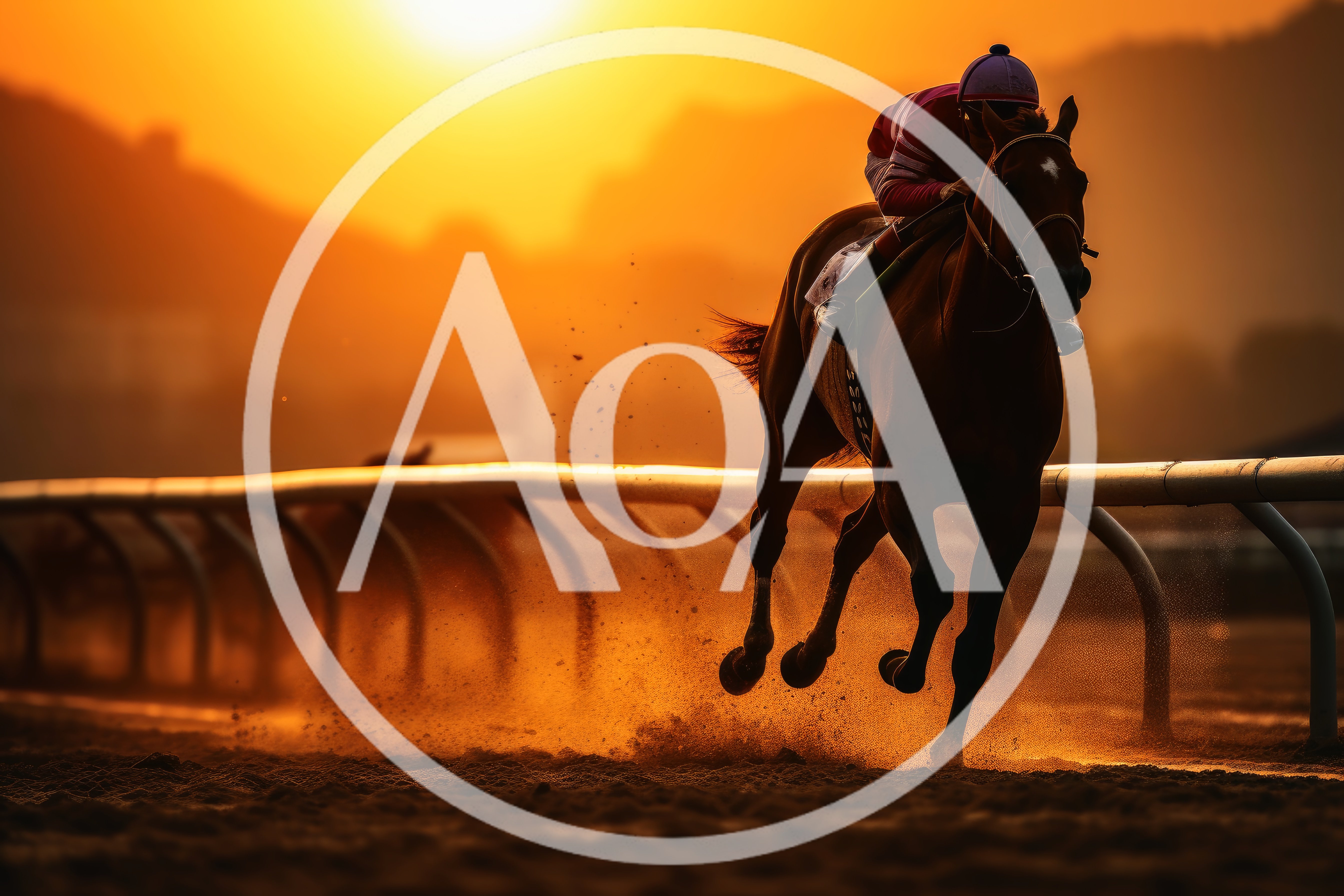 Thoroughbred Racehorse Galloping On Dirt Track At Sunset