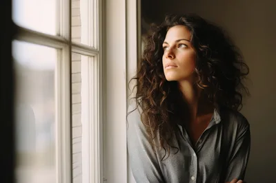 Pensive Woman With Curly Hair Looking Out A Window