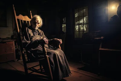 Elderly Woman Sitting In A Dark Wooden Rocking Chair