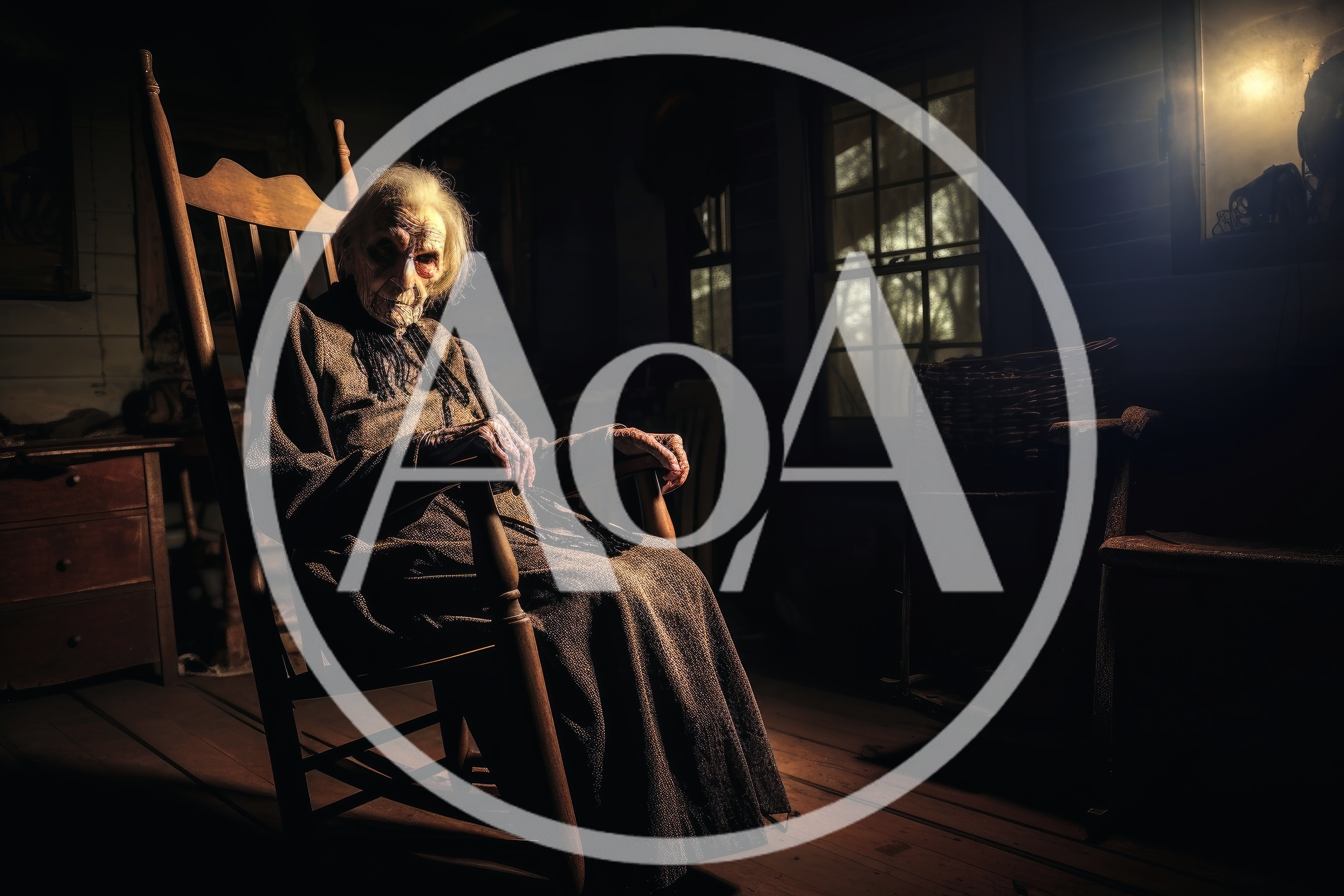 Elderly Woman Sitting In A Dark Wooden Rocking Chair