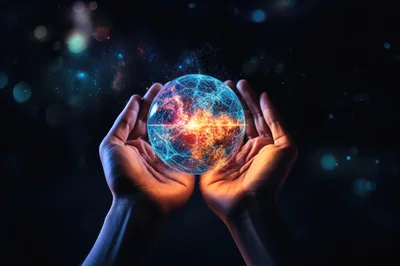 Human Hands Holding A Glowing Digital Energy Sphere