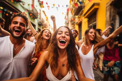 Group of Friends Celebrating at a Vibrant Street Festival