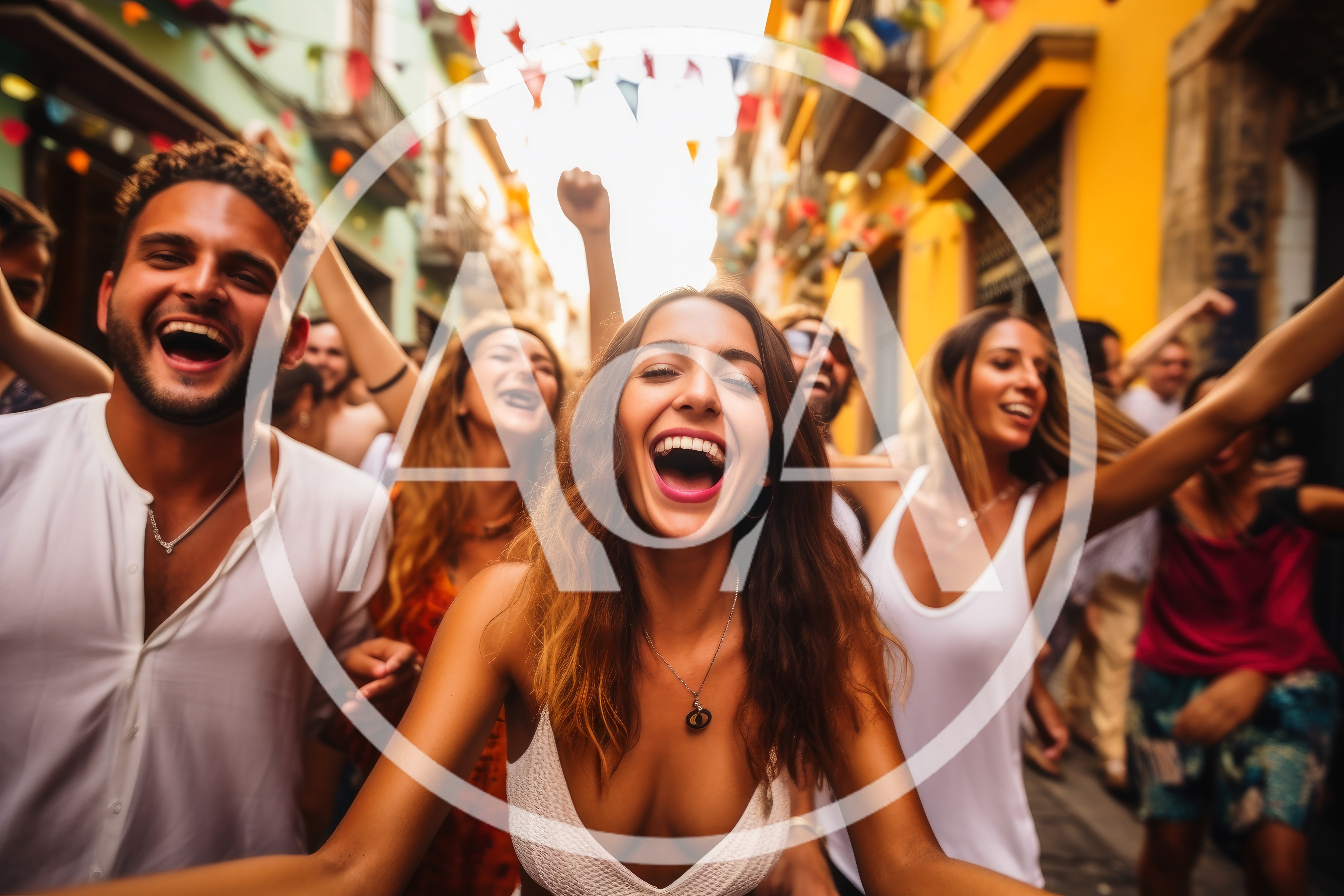 Group of Friends Celebrating at a Vibrant Street Festival