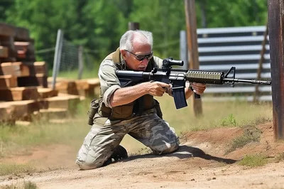 Senior Man Practicing Tactical Rifle Shooting at Range