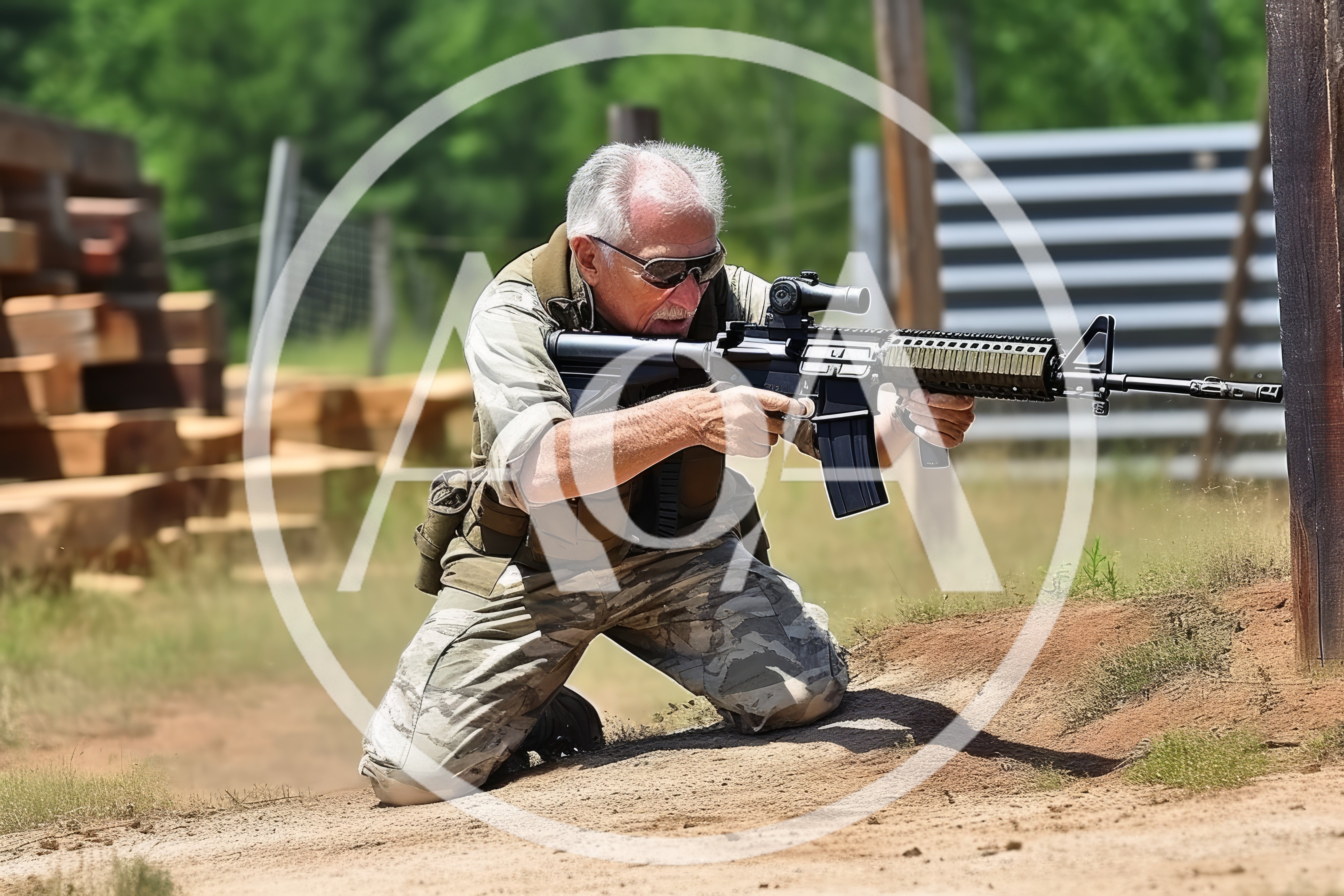 Senior Man Practicing Tactical Rifle Shooting at Range