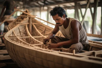 Skilled Craftsman Building A Traditional Wooden Boat