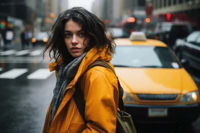 Young Woman Standing In Rain Near Yellow Taxi